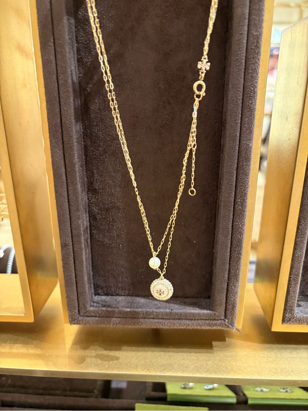 Tory Burch moondance 2 layer gold Tone Pave small Logo Pendant Necklace new